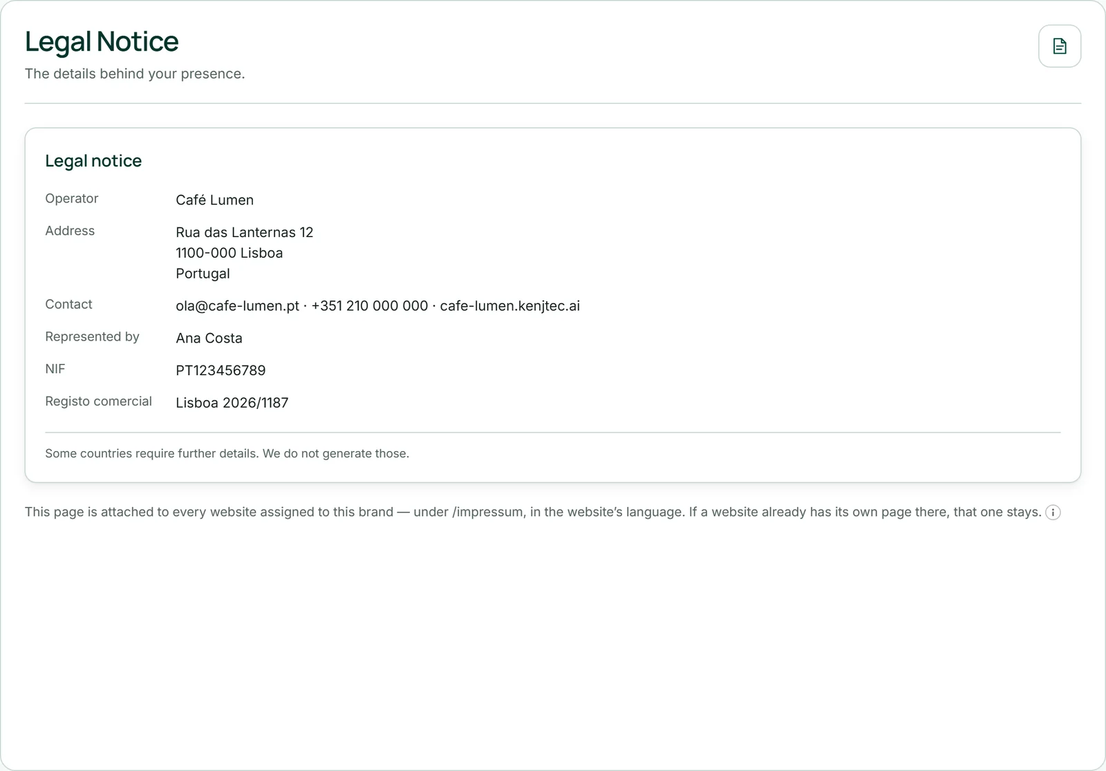 Forhåndsvisningen under “Juridisk meddelelse” for Café Lumen: ansvarlig, adresse i Lissabon, kontakt med e-mail og telefon, nedenunder bemærkningen.
