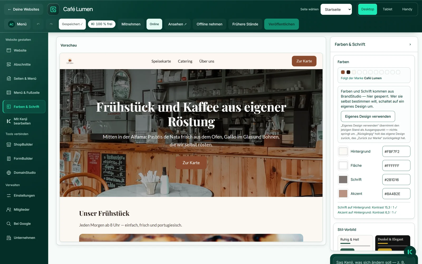 Das Design im WebSiteBuilder von Café Lumen mit der Zeile „Folgt der Marke Café Lumen“ und den Farbtupfern der Marke.
