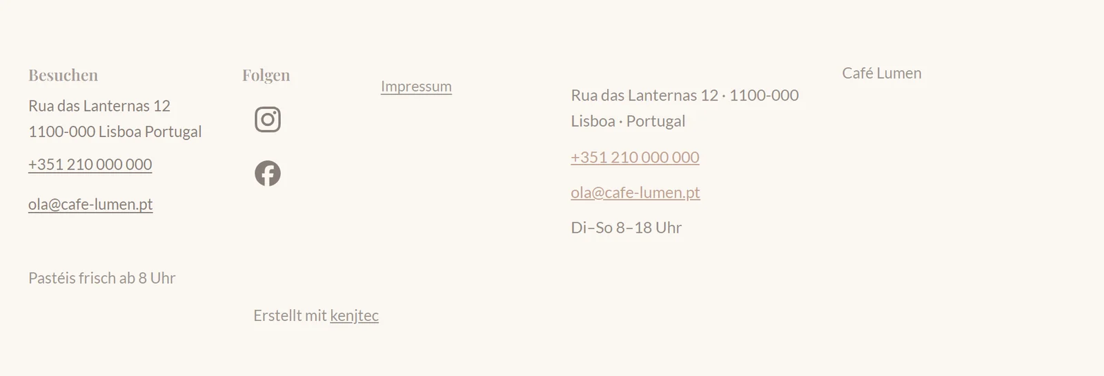 Die Fußzeile der Website von Café Lumen mit den Zeichen für Instagram und Facebook aus dem SocialStudio.