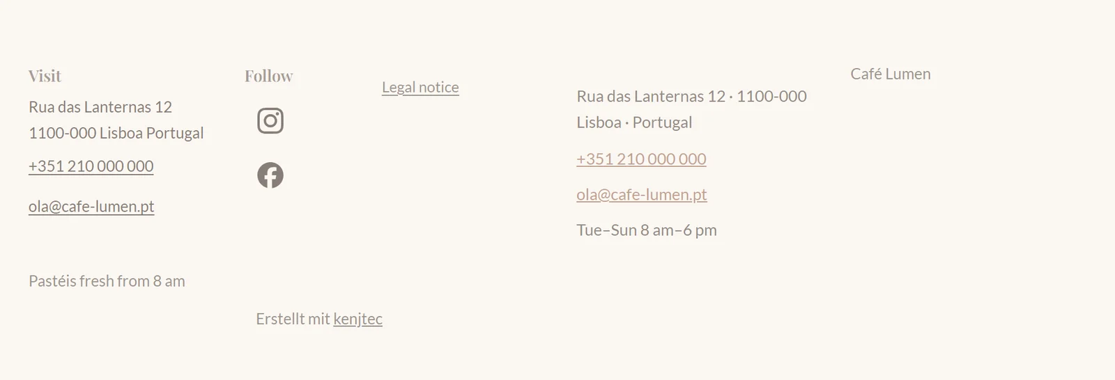 The footer of Café Lumen’s website with the Instagram and Facebook icons from SocialStudio.
