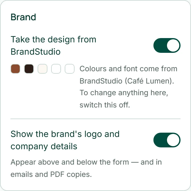 The “Brand” card in FormBuilder for the “Book a table” form: “Take the design from BrandStudio” is on, with the “Show the brand's logo and company details” switch below.