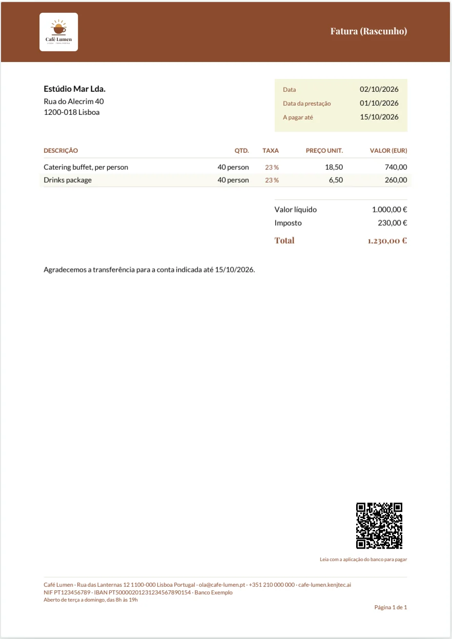 A new invoice from Café Lumen for a catering job: logo and company details from the brand at the top, colours and font as in BrandStudio.
