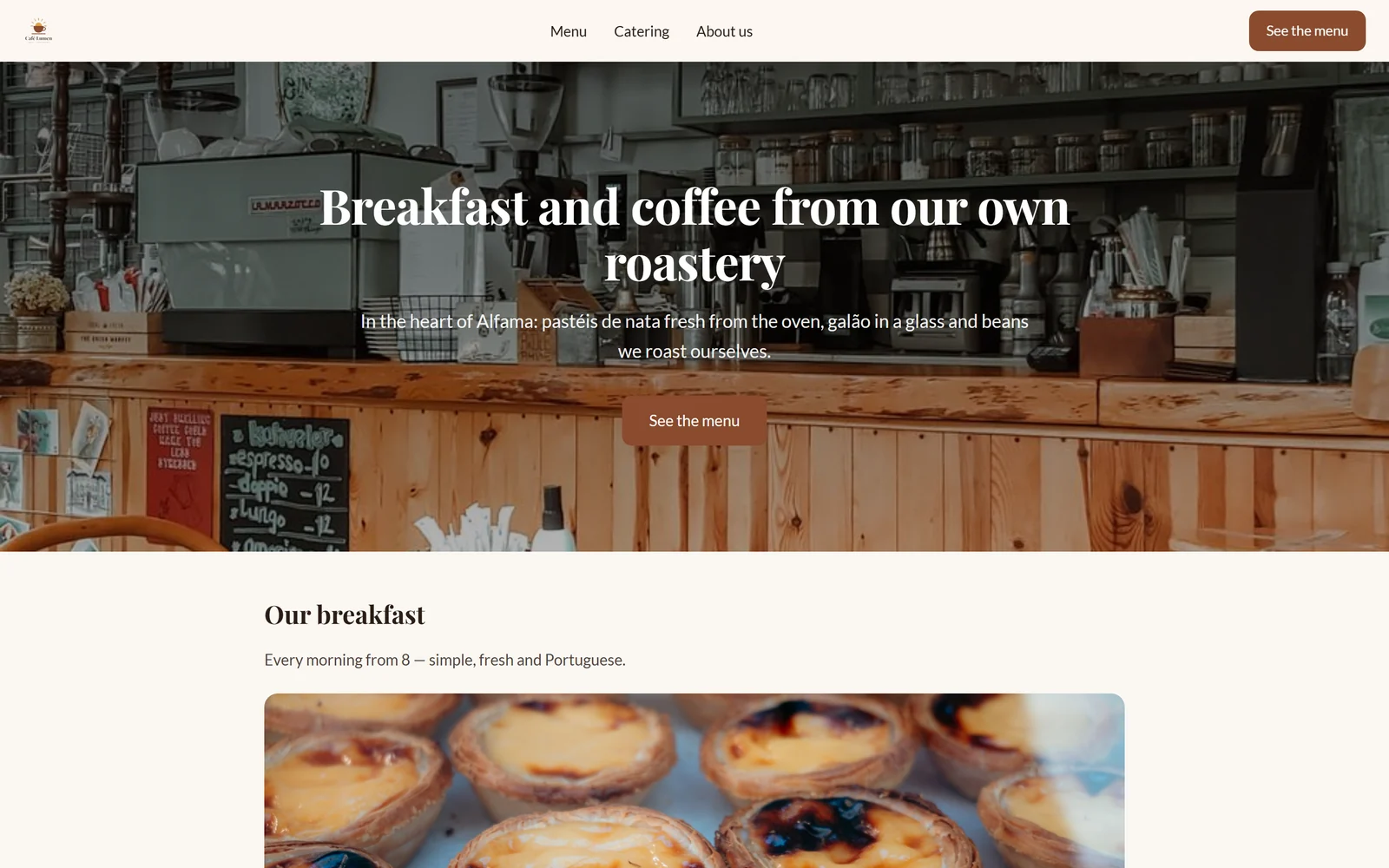 Café Lumen’s published website: the logo in the header, coffee-brown buttons and the heading in the brand’s heading font.