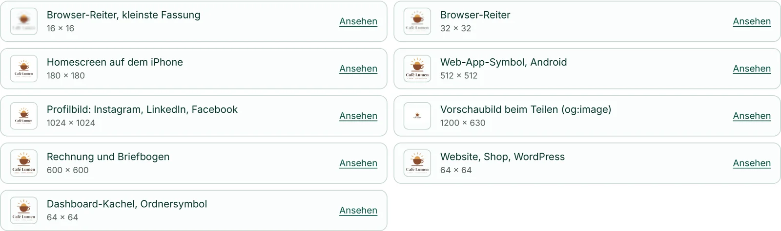 Die Formatliste von Café Lumen: neun Zeilen mit Vorschaubild, Zweck und Maßen, je mit „Ansehen“.