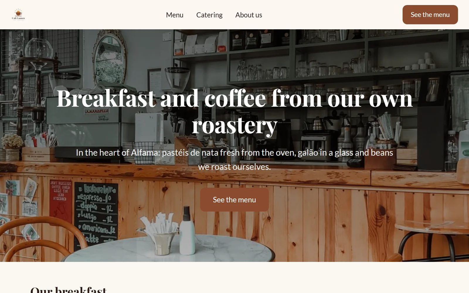 Hjemmesiden for Café Lumen: brandets logo i topbjælken.