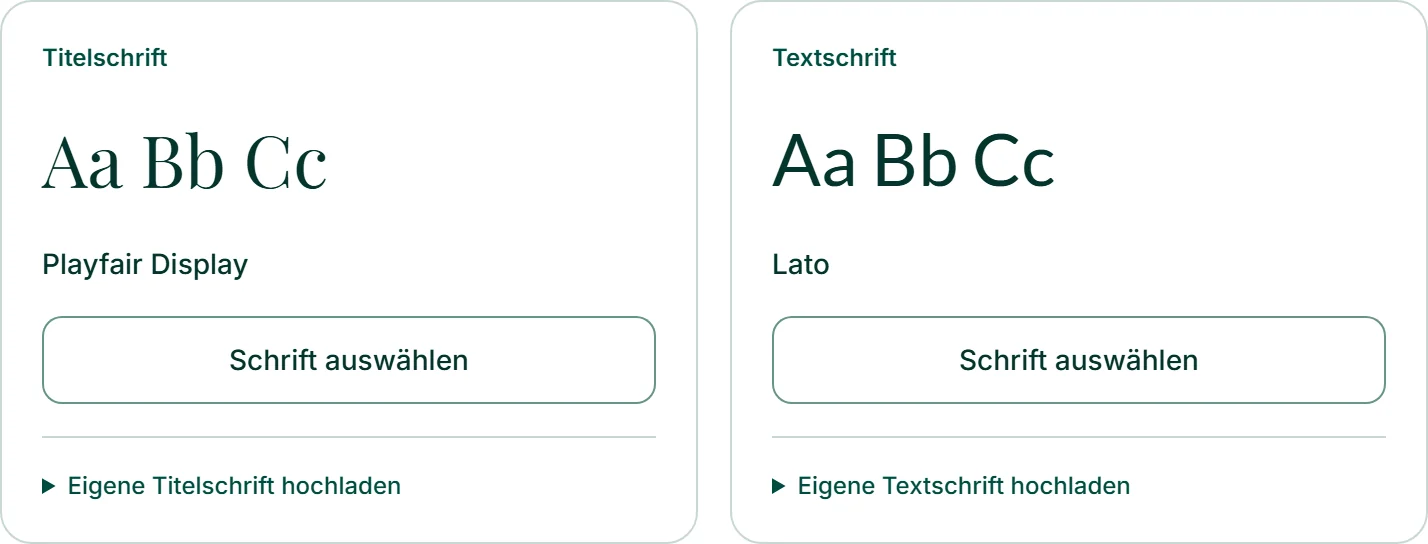 Die beiden Schriftkarten von Café Lumen: links die Titelschrift mit „Aa Bb Cc“, rechts die Textschrift, je mit „Schrift auswählen“.