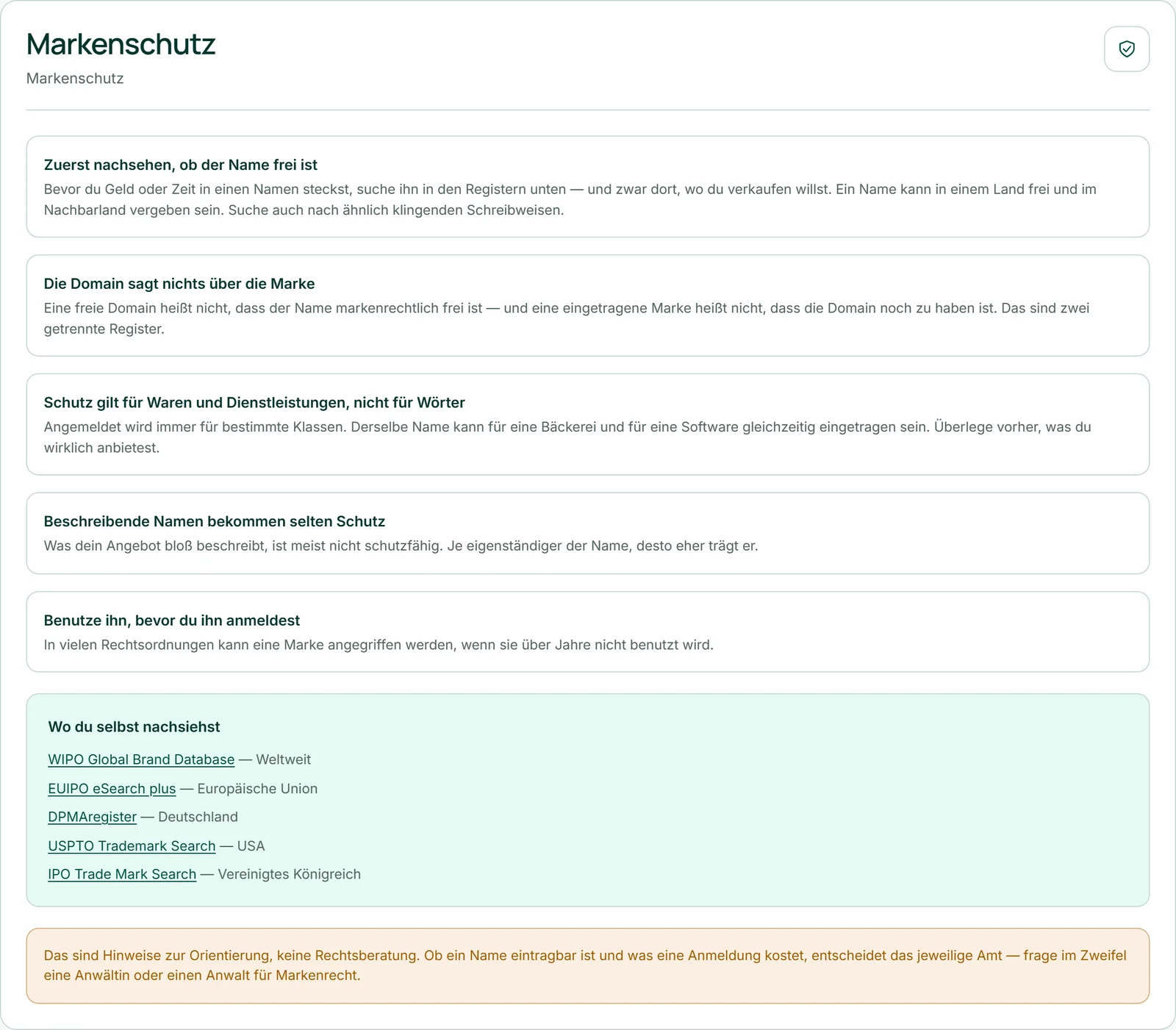 Der Bereich „Markenschutz“ mit den fünf Hinweisen, dem Kasten „Wo du selbst nachsiehst“ und dem Vorbehalt, dass es keine Rechtsberatung ist.