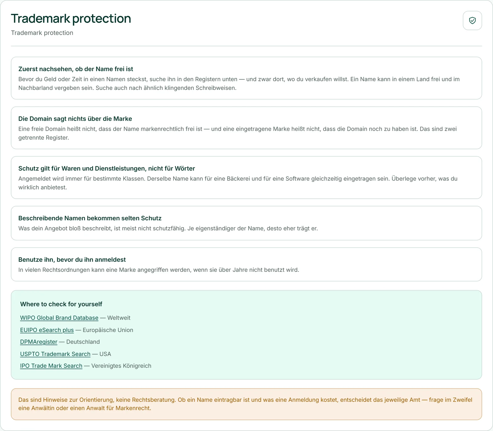 The “Trademark protection” section with the five pointers, the “Where to check for yourself” box and the note that this isn’t legal advice.