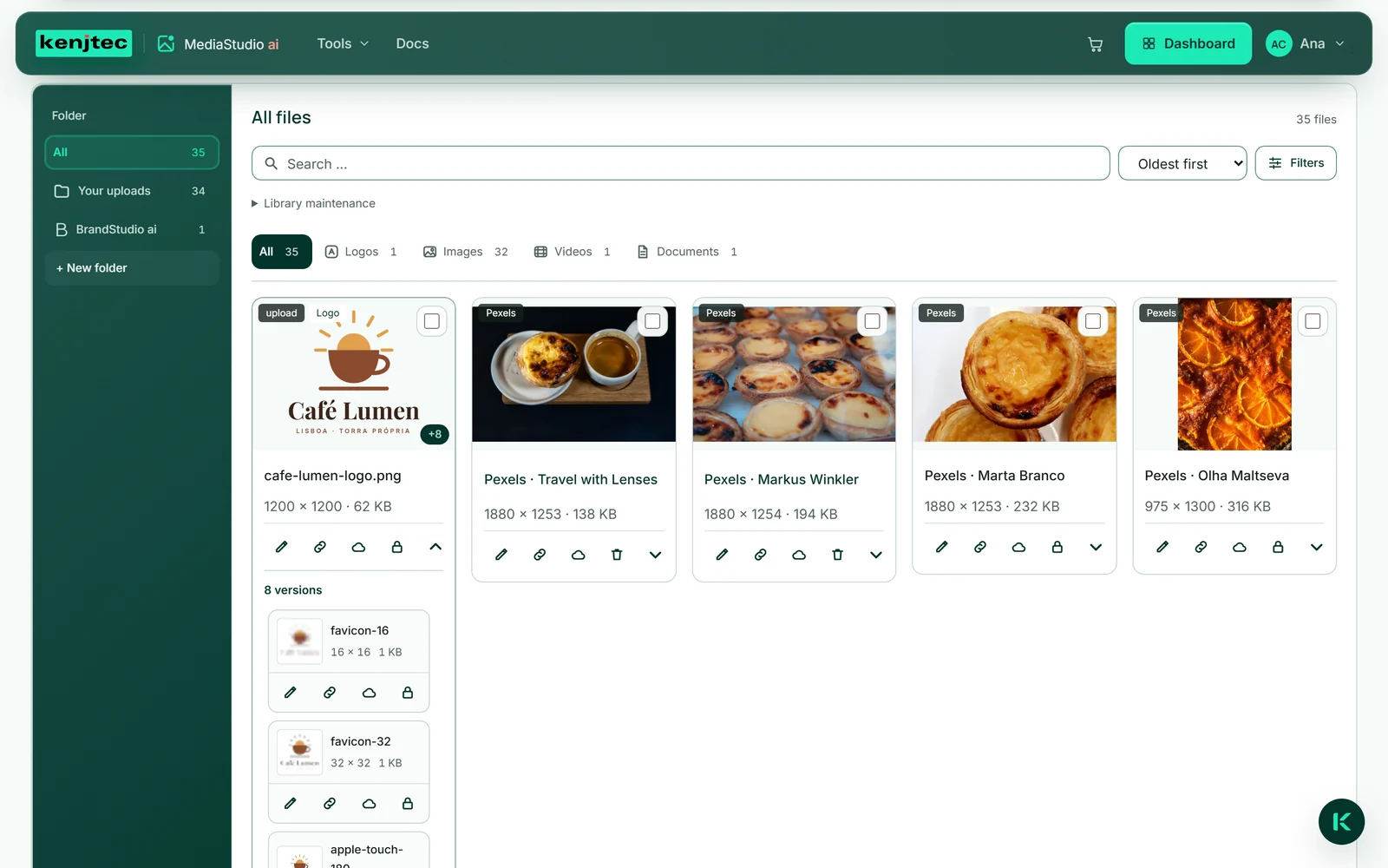 Rutor från Café Lumen bredvid varandra: till vänster logotypen med låset i stället för papperskorgen och utfällda detaljer, bredvid ett foto med listen med penna, kedja, moln, papperskorg och pil.