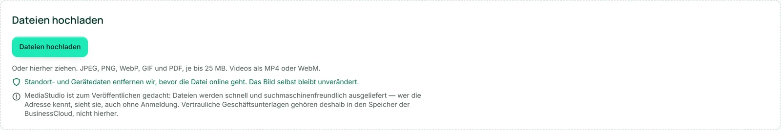 Der aufgeklappte Ablegeplatz: unter dem Knopf „Dateien hochladen“ die Zeile mit den erlaubten Dateiarten und der Größe je Datei, darunter die Sätze zu Standortdaten und zum Veröffentlichen.