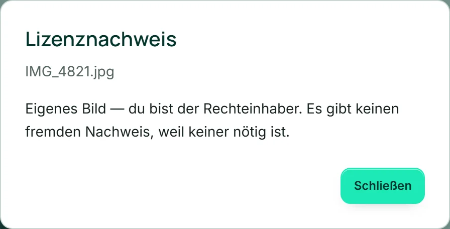 Das Fenster „Lizenznachweis“ zu einem eigenen Foto der Café-Terrasse mit dem Satz, dass Ana die Rechteinhaberin ist und kein fremder Nachweis nötig ist.