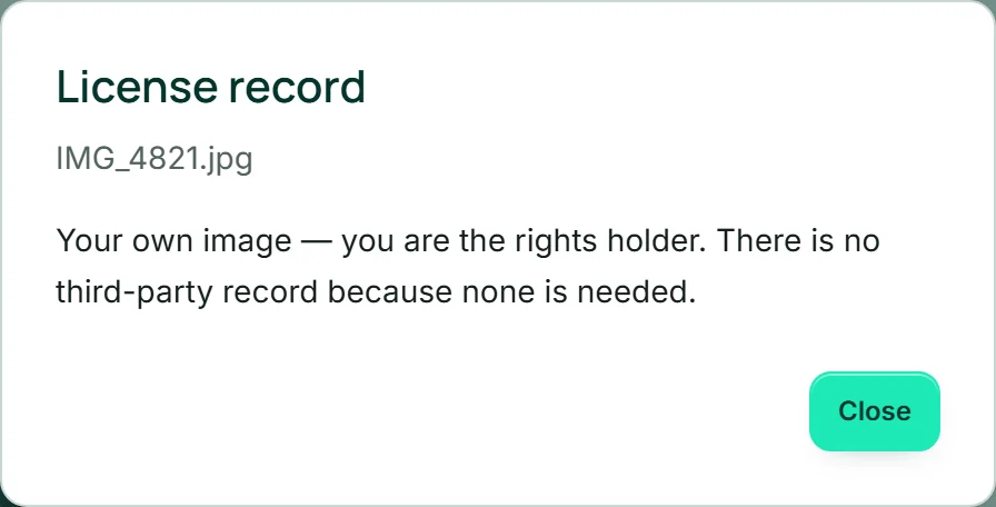 The “License record” window for an own photo of the café terrace with the sentence that Ana holds the rights and no third-party record is needed.