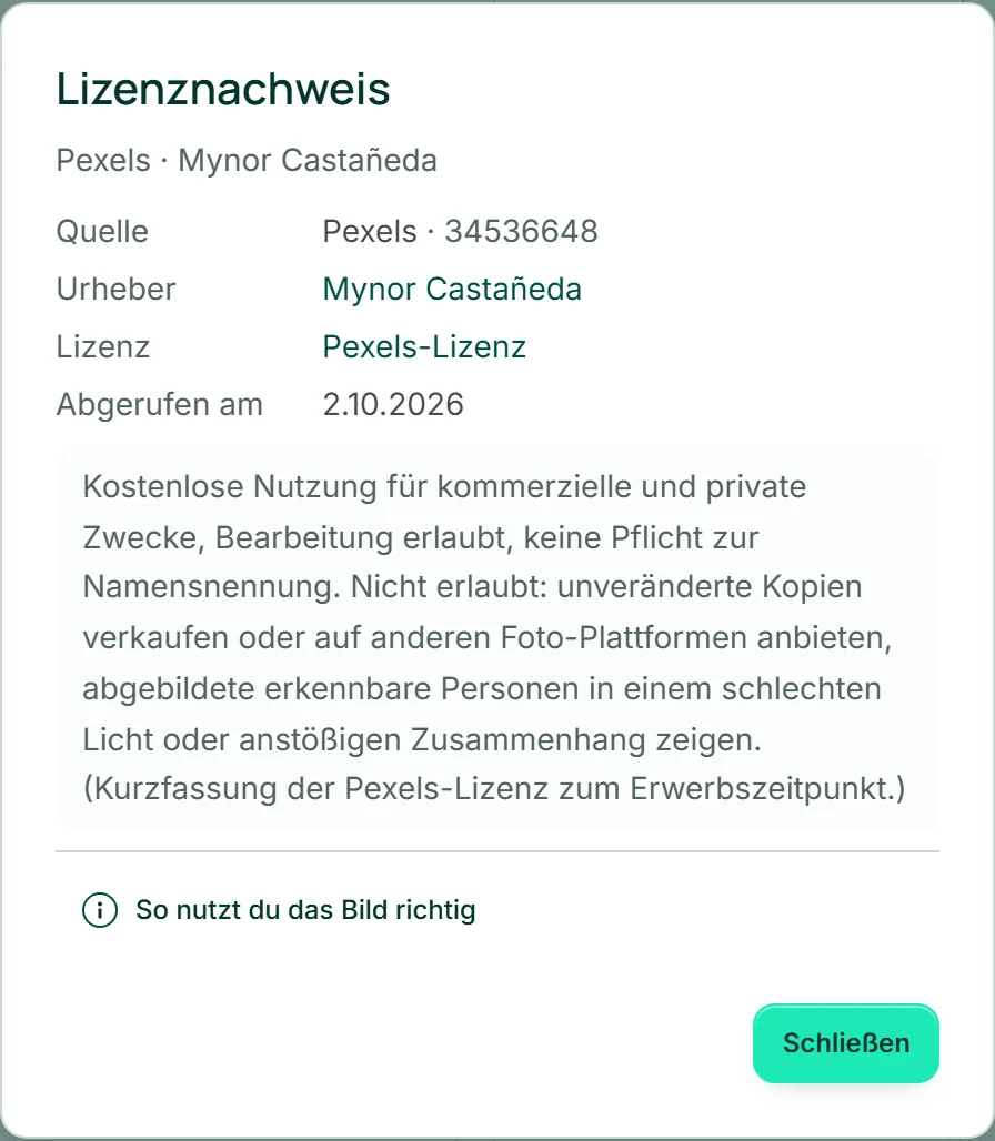 Das Fenster „Lizenznachweis“ zu einem Foto von Kaffeebohnen: Quelle Pexels, Urheber mit Verweis, Lizenz, Abrufdatum und darunter die Kurzfassung der Lizenz.