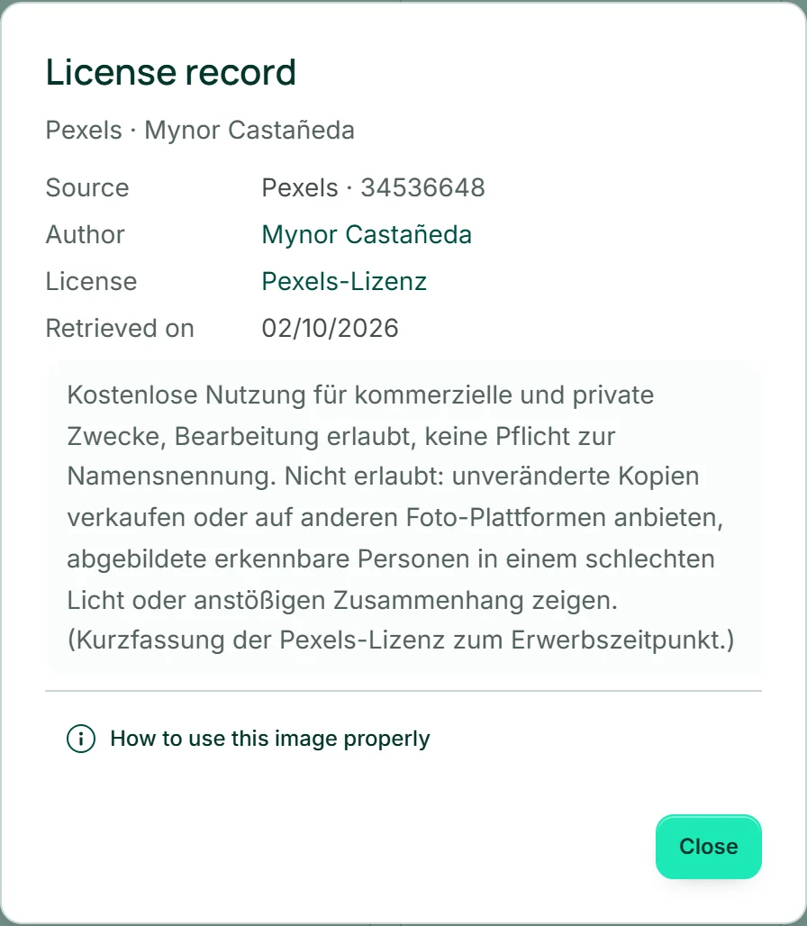 The “License record” window for a photo of coffee beans: source Pexels, the author with a link, the licence, the retrieval date and the short version of the licence underneath.