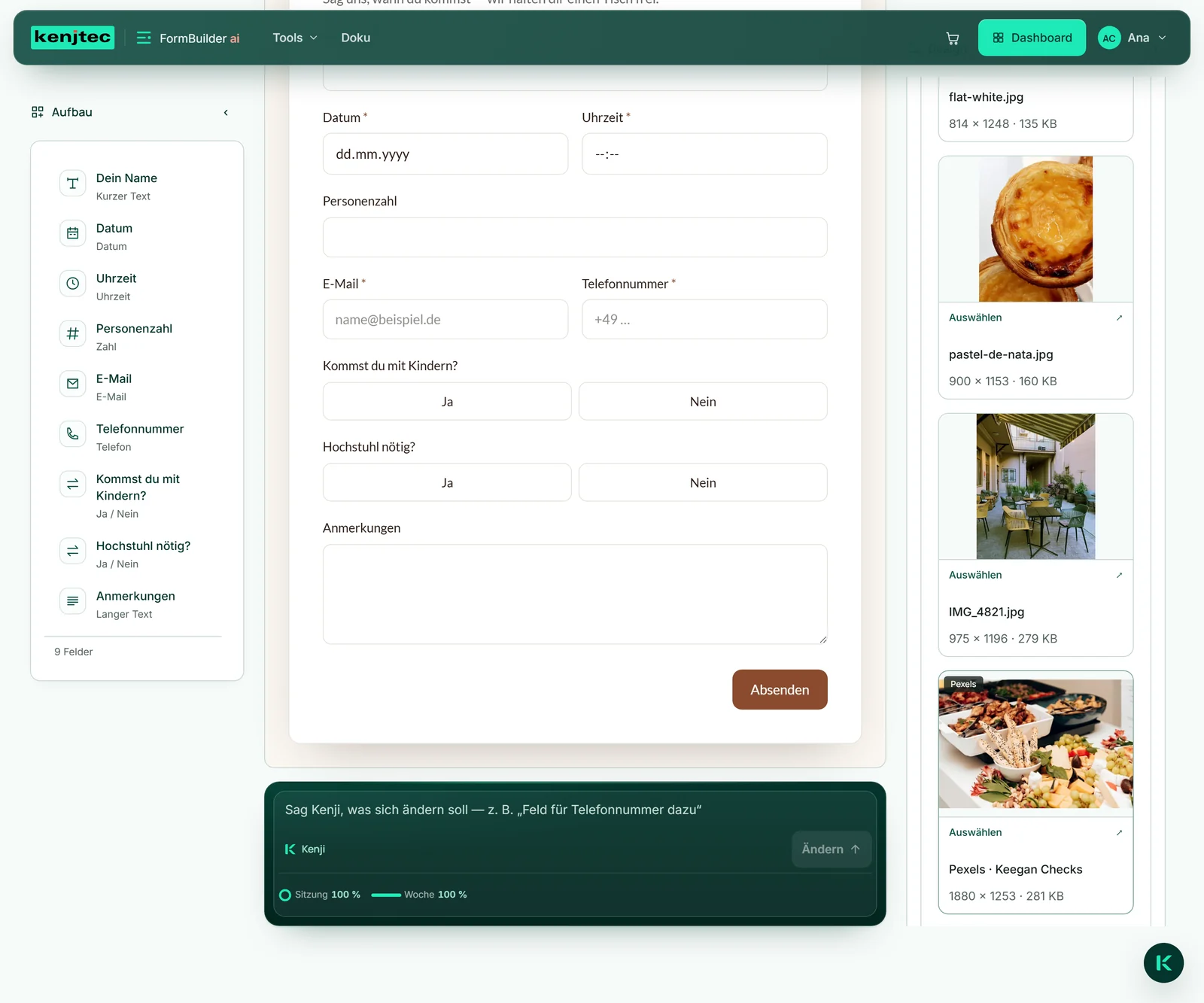 Im FormBuilder beim Formular „Tisch reservieren“ von Café Lumen: rechts unter „Design“ die aufgeklappte Bibliothek mit den eigenen Fotos zum Auswählen, darunter das Foto der Terrasse.