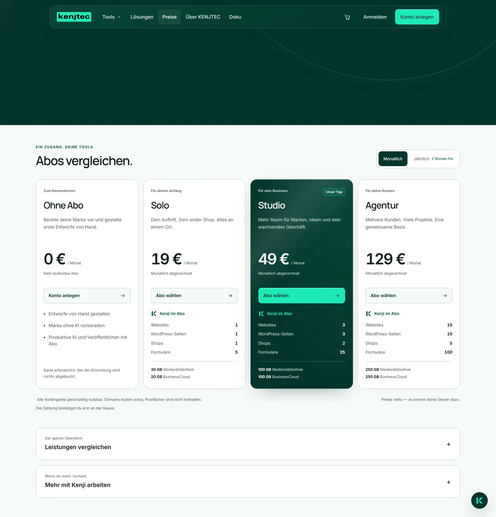Die Seite „Preise“ auf kenjtec.com: die Abos nebeneinander mit dem Umschalter zwischen monatlicher und jährlicher Zahlung, darunter „Mehr mit Kenji arbeiten“ für zusätzliche KI.