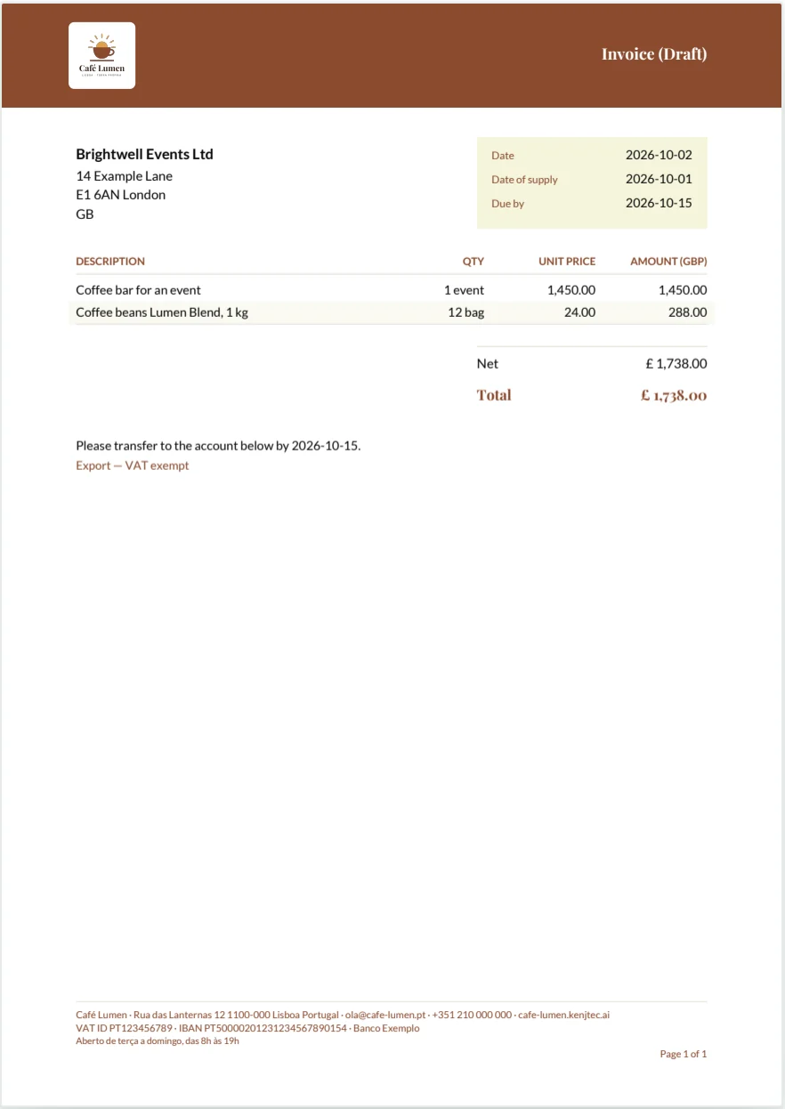 Das Blatt einer Rechnung von Café Lumen an „Brightwell Events Ltd“ in London, gestellt in britischen Pfund: Beträge mit £ in englischer Schreibweise.