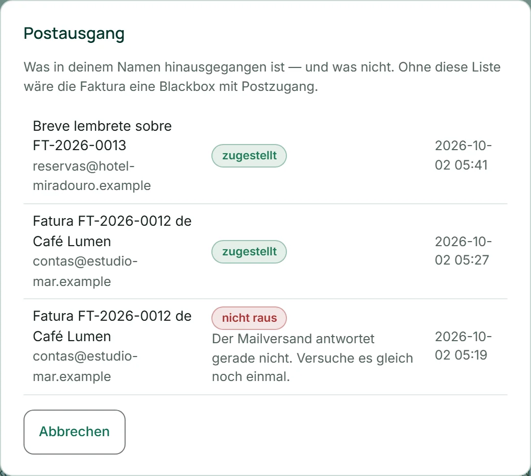 Das Fenster „Postausgang“ bei Café Lumen mit drei Zeilen: die Rechnung an „Estúdio Mar Lda.“ „zugestellt“, eine Zahlungserinnerung „zugestellt“ und eine Nachricht „nicht raus“ mit ihrem Grund.