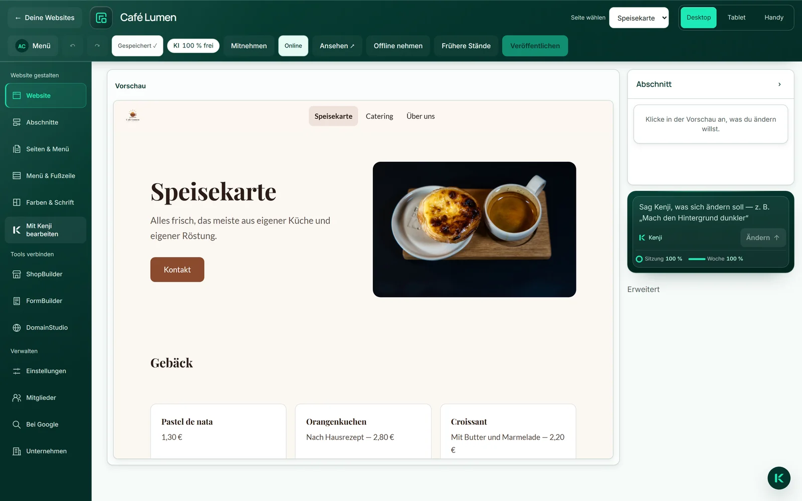 Der Editor von Café Lumen mit „Speisekarte“ unter „Seite wählen“ und unten rechts dem Kenji-Fenster, oben darin WebSiteBuilder, Café Lumen und Speisekarte.