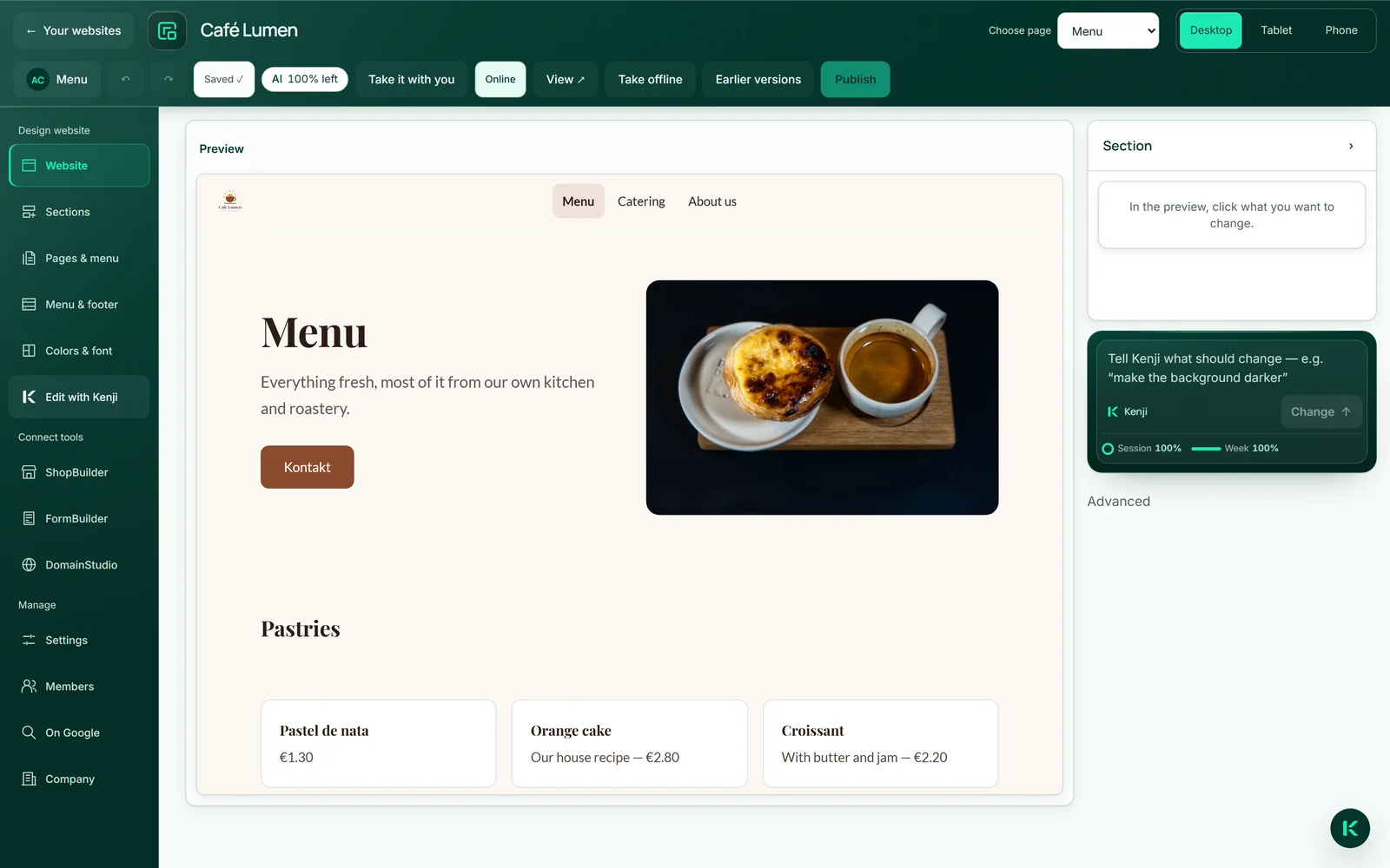 Café Lumen’s editor with “Food & drink” under “Choose page” and, at the bottom right, the Kenji window with WebSiteBuilder, Café Lumen and Food & drink at the top.
