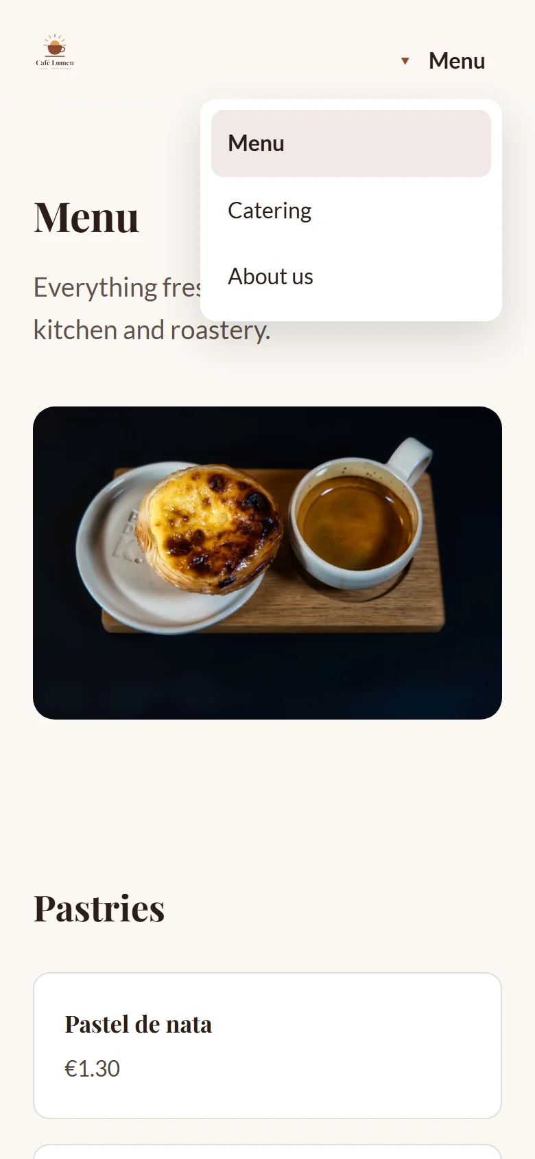 Café Lumen’s published “Food & drink” page on a phone, with the menu open showing “Food & drink”, “Catering” and “About us”.
