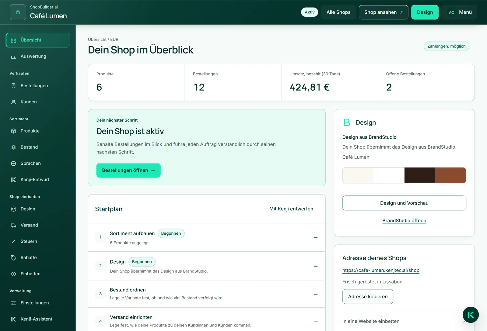 Die Werkbank von Café Lumen auf dem Desktop: links die Gruppen Verkaufen, Sortiment, Shop einrichten und Verwaltung, oben der Name, der Zustand „Aktiv“ und die Knöpfe „Alle Shops“, „Shop ansehen“ und „Design“.