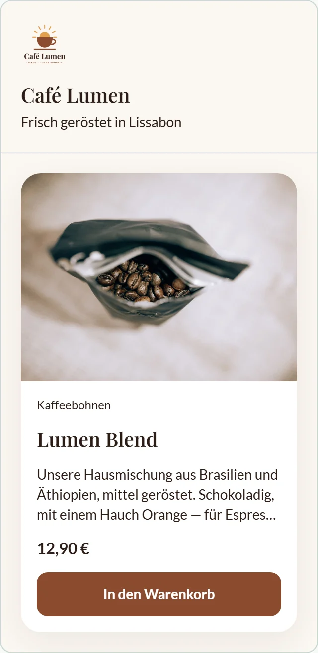 Die Vorschau neben dem Farbfeld: Kopf mit Logo und „Café Lumen“, der Untertitel und eine Karte „Lumen Blend“ mit Bild, Preis und Knopf in der Akzentfarbe.
