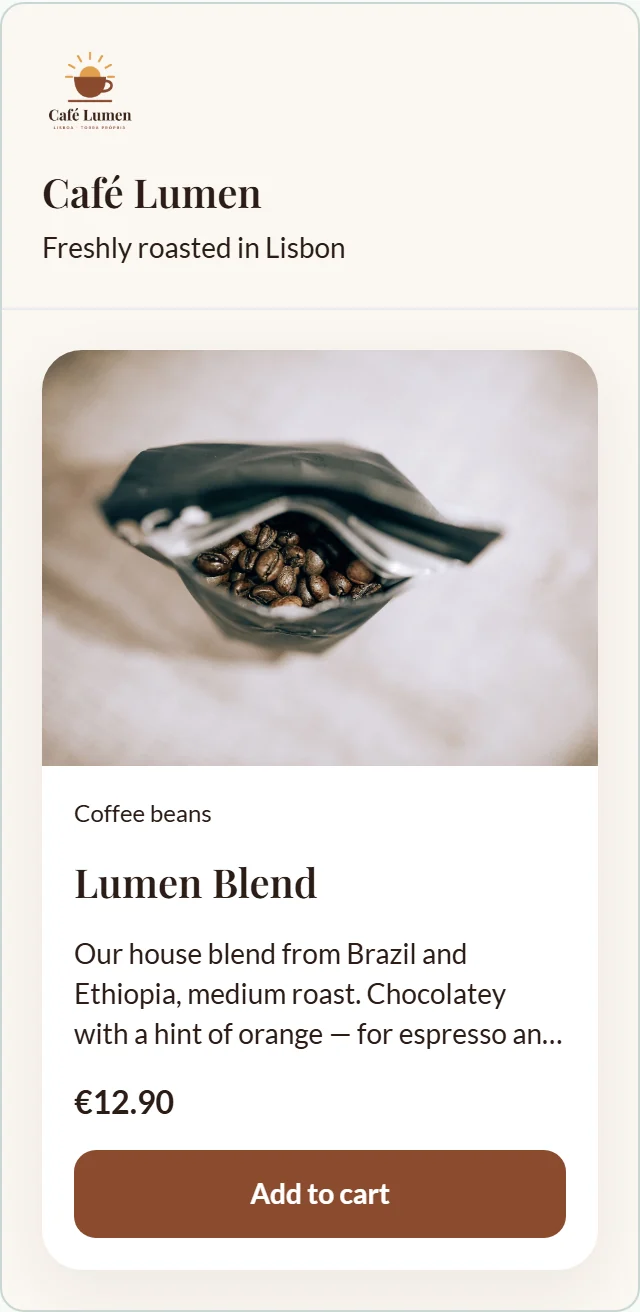 The preview beside the palette: header with logo and “Café Lumen”, the tagline and a “Lumen Blend” card with image, price and button in the accent colour.