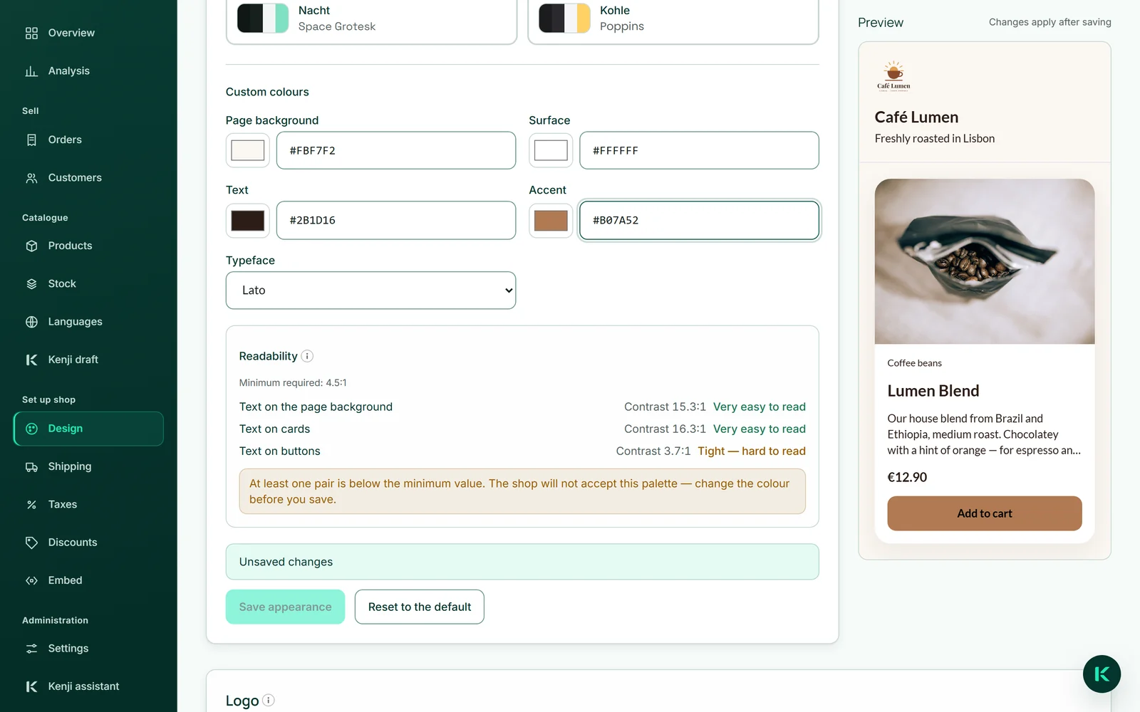 The “Readability” box with three rows, each with its contrast figure and rating, one of them “Tight — hard to read”, and below it the note that the shop will not accept this palette.