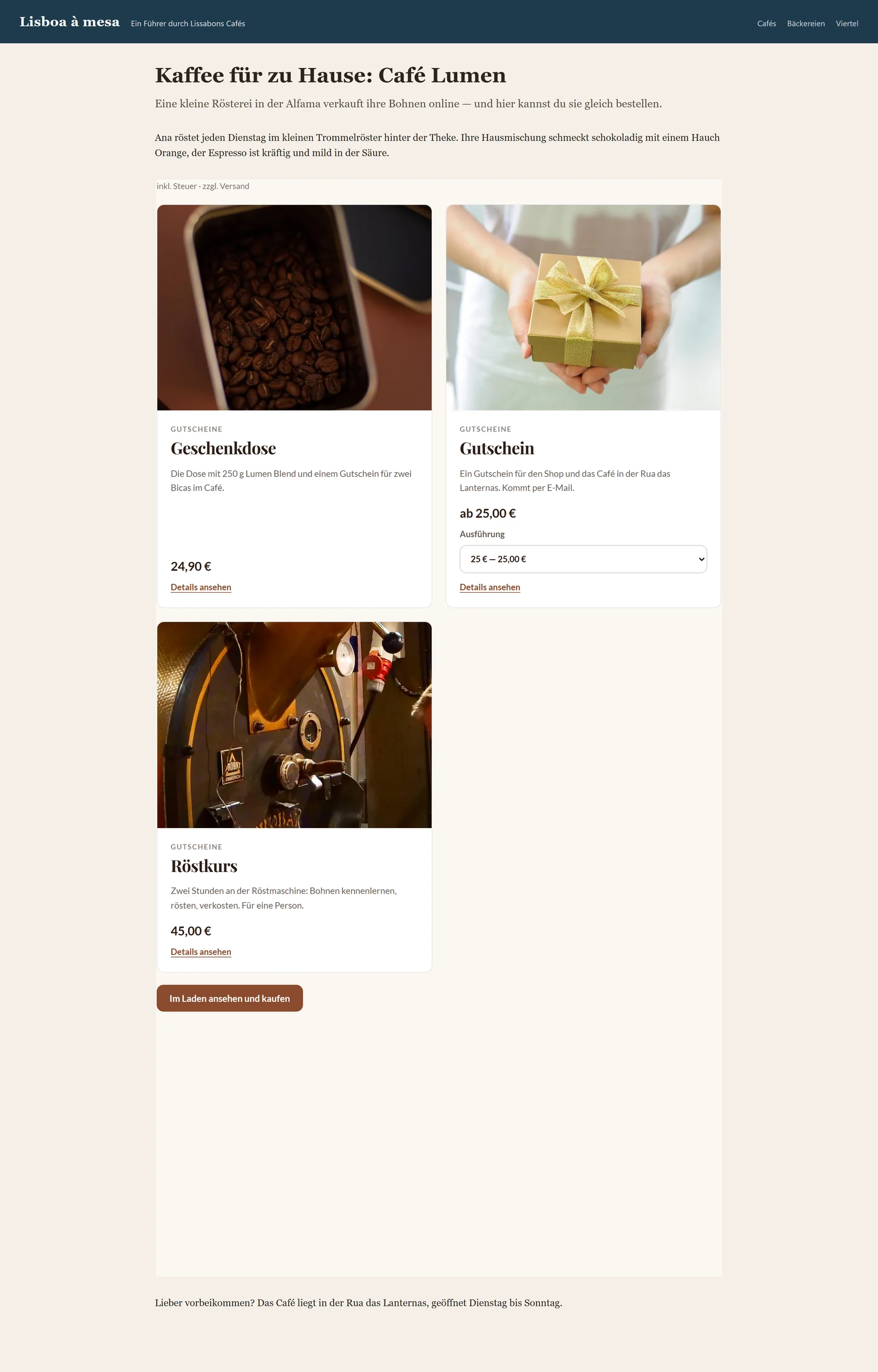 Eine fremde Website mit einem Rahmen, der nur die Kategorie „Gutscheine“ von Café Lumen zeigt, ohne Suchfeld und ohne Kategorie-Knöpfe.