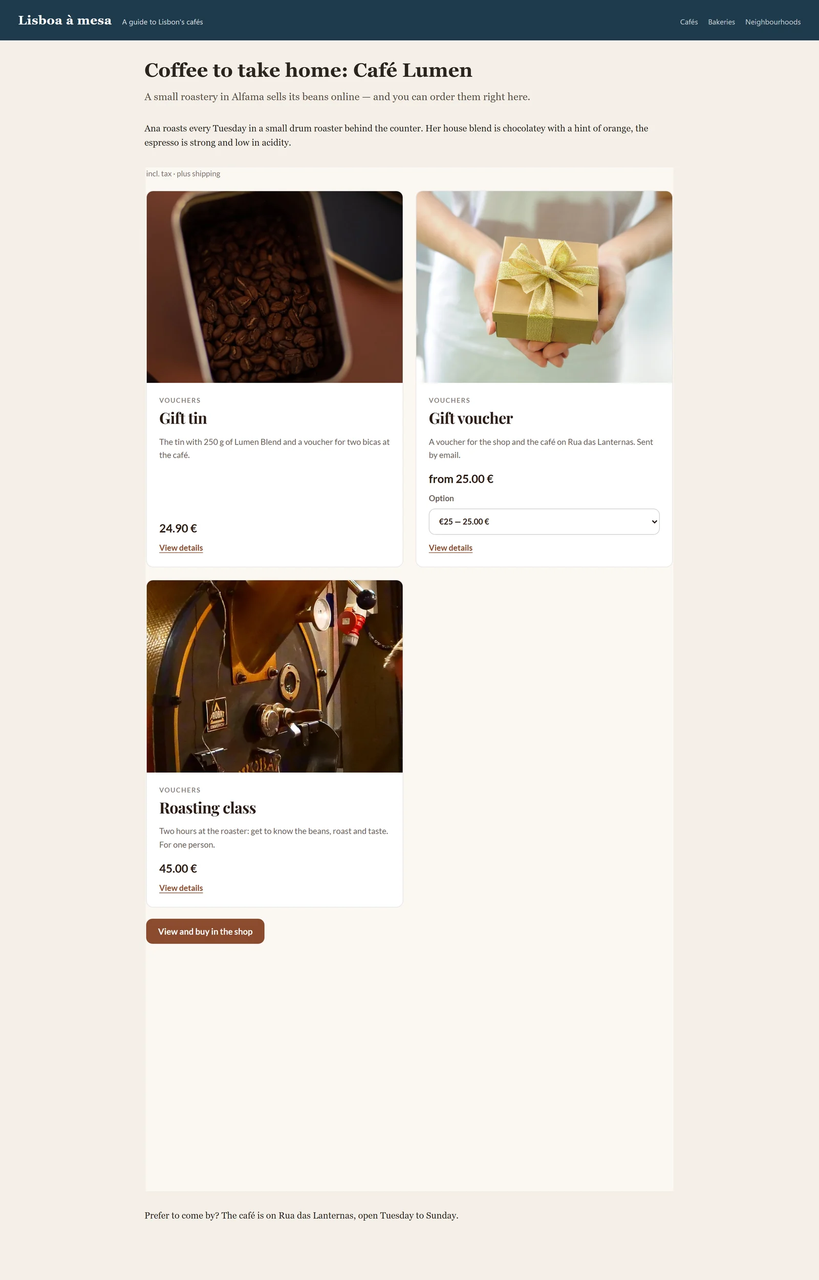 Another website with a frame showing only the Café Lumen category “Vouchers”, without the search field and the category buttons.