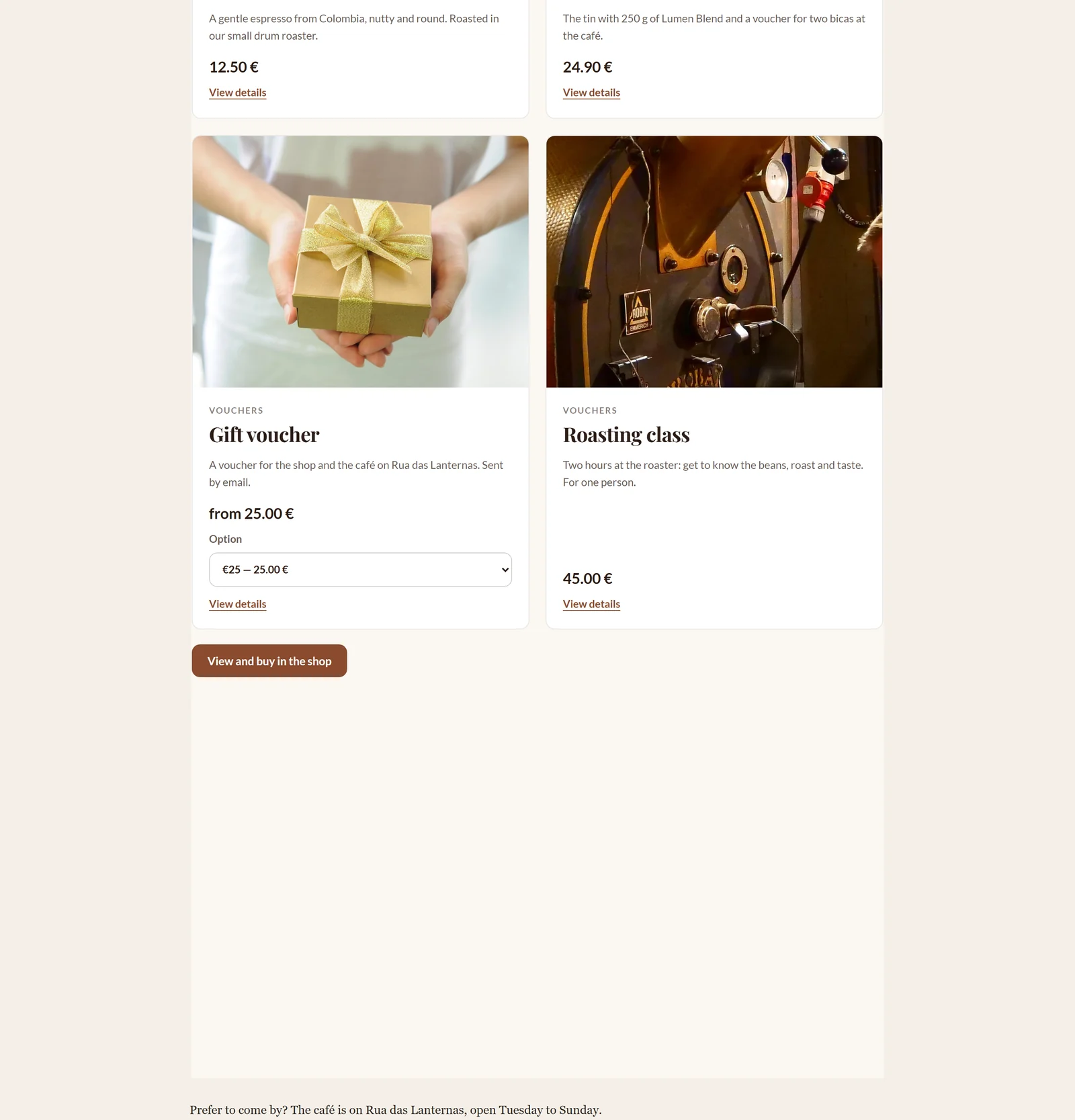 Another website with the embedded Café Lumen range: product cards without a cart, and below them the button leading into the shop.