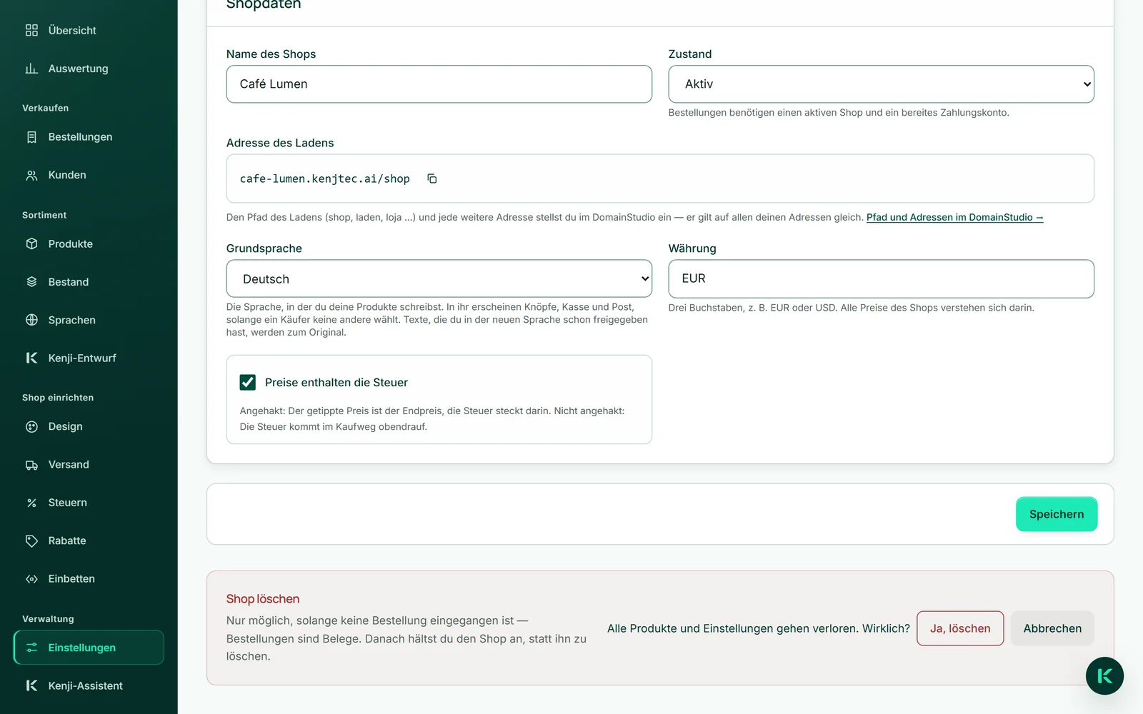 Der rote Kasten „Shop löschen“ unter „Einstellungen“ → „Allgemein“ mit der Rückfrage „Alle Produkte und Einstellungen gehen verloren. Wirklich?“ und dem Knopf „Ja, löschen“.
