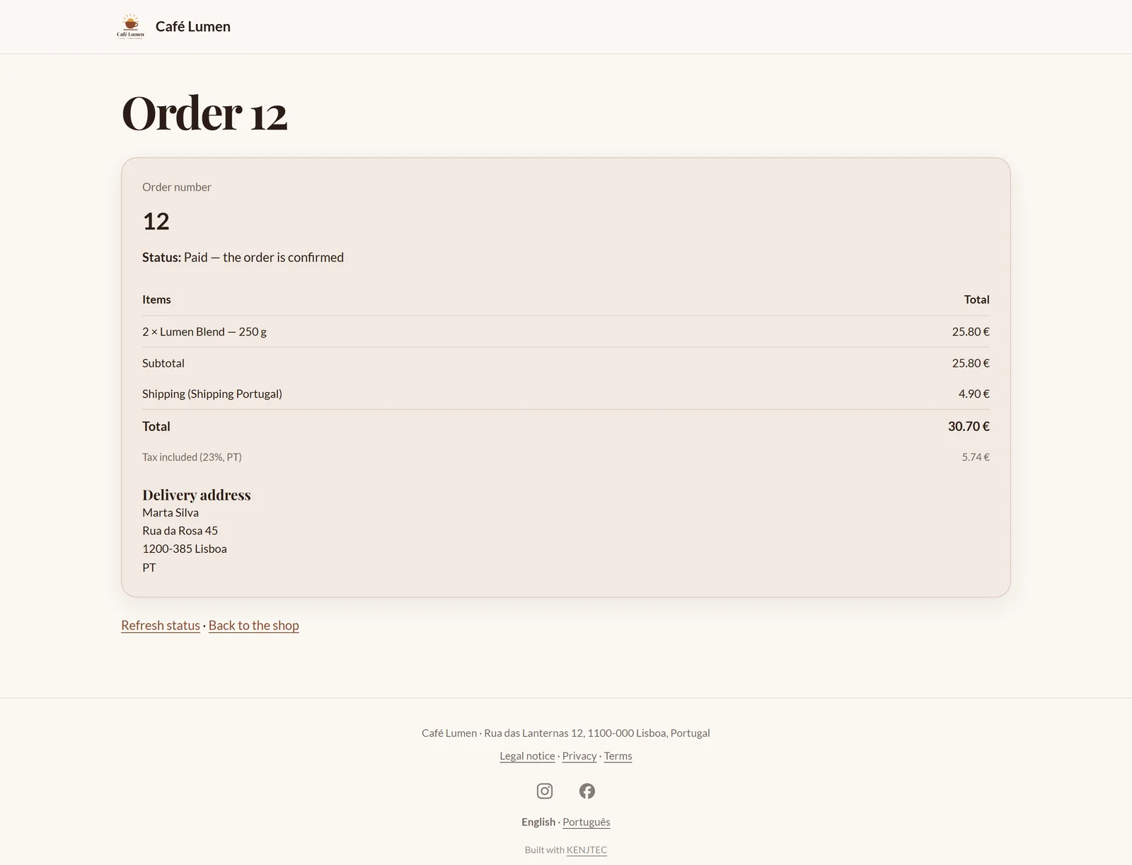 The Café Lumen order page for order 12: the status “Paid — the order is confirmed”, the table of items and the delivery address.