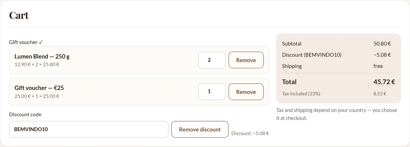 The Café Lumen cart with two bags of “Lumen Blend — 250 g” and a voucher, the discount field and the total with subtotal, discount, shipping and total.