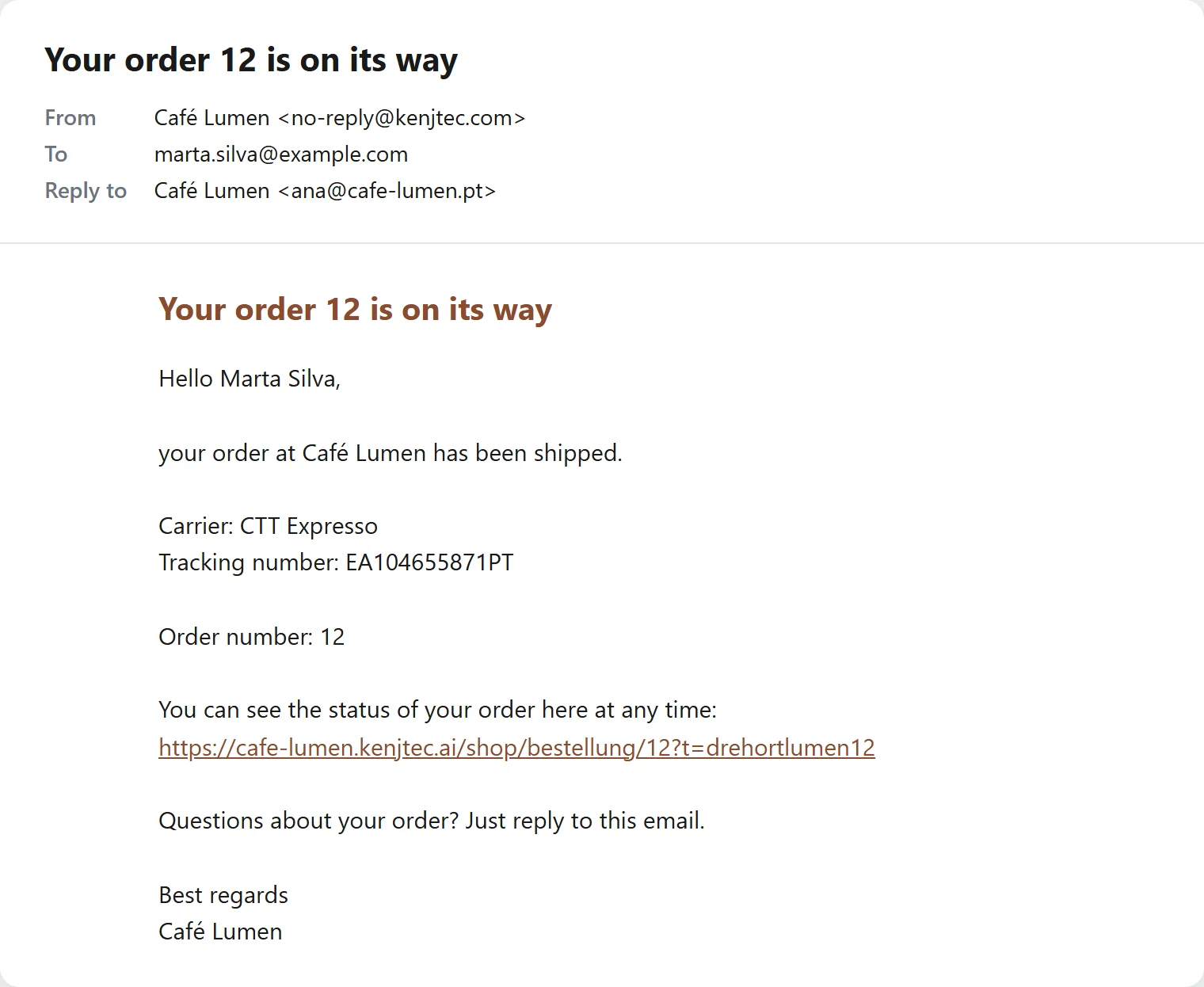 The Café Lumen shipping email with “Café Lumen” as the sender, the subject “Your order 12 is on its way”, carrier, tracking number and the closing sentence saying the buyer can reply to the email.