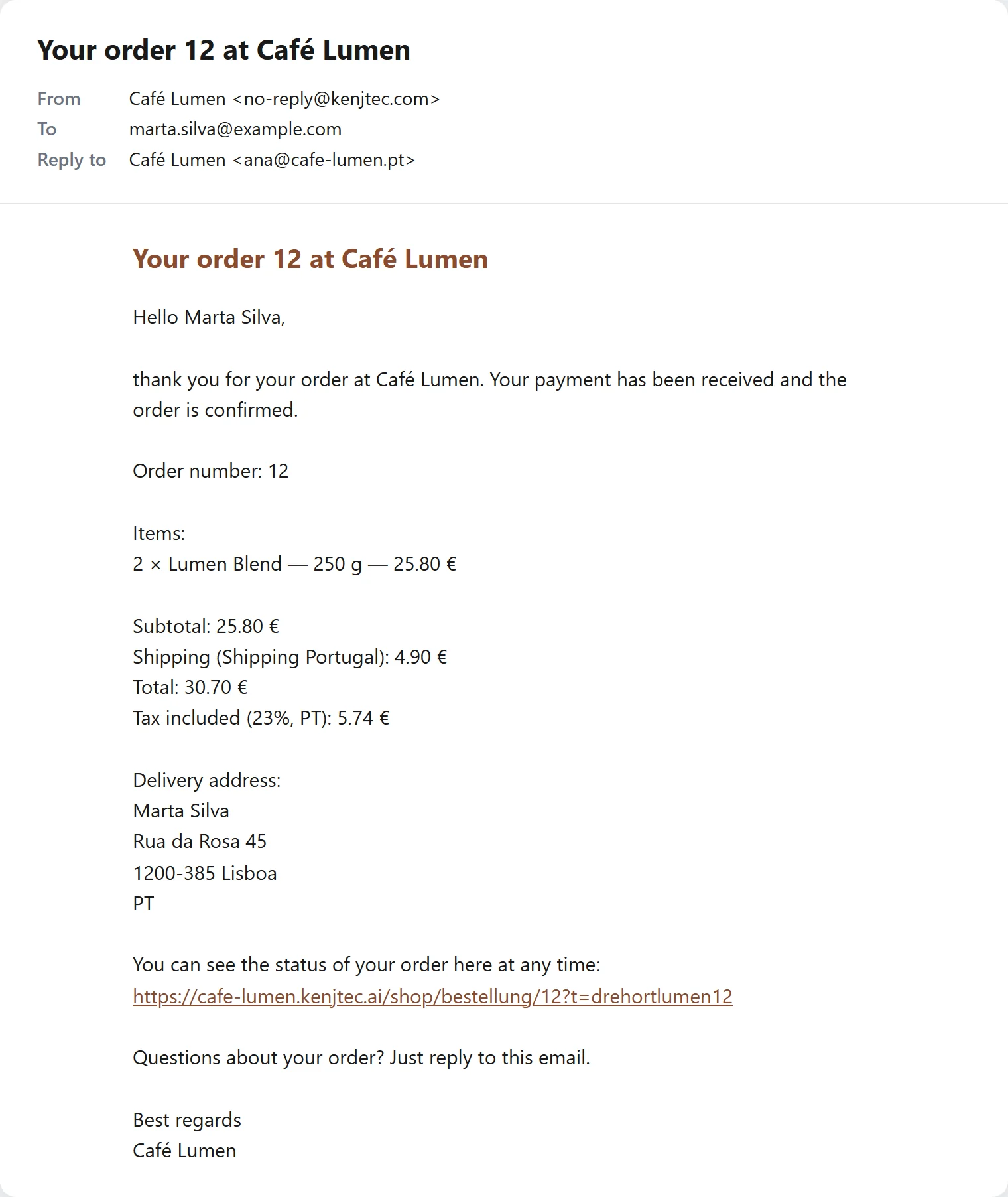 The Café Lumen confirmation email in a reading view: subject “Your order 12 at Café Lumen”, heading in the accent colour, items, total, delivery address and the link to the order.