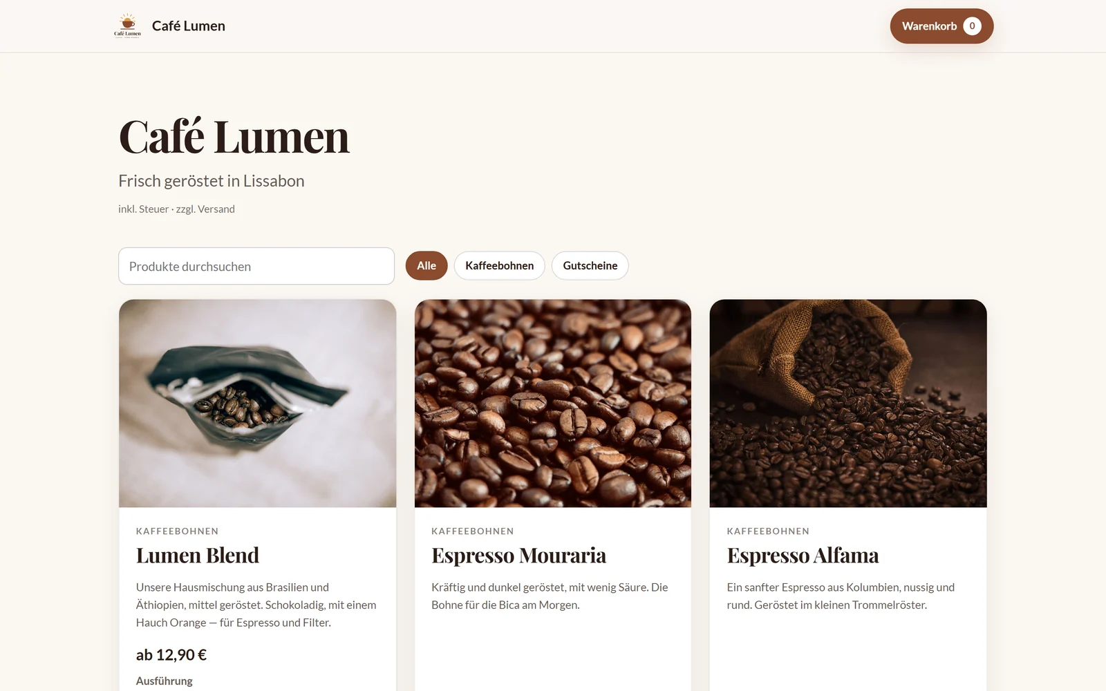 Die Kaufseite von Café Lumen mit den Kategorie-Knöpfen für „Kaffeebohnen“ und „Gutscheine“ und dem Suchfeld über dem Sortiment.