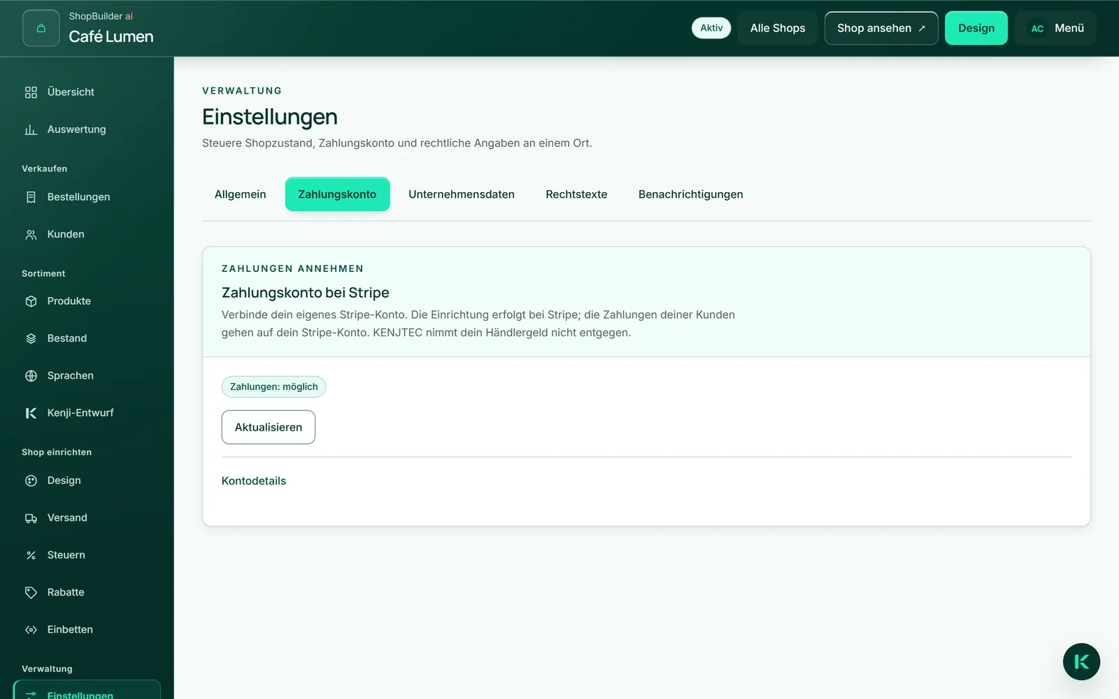 „Einstellungen“ → „Zahlungskonto“ von Café Lumen mit der Überschrift „Zahlungskonto bei Stripe“, dem Satz, dass die Zahlungen auf das eigene Stripe-Konto gehen, und dem Etikett „Zahlungen: möglich“.