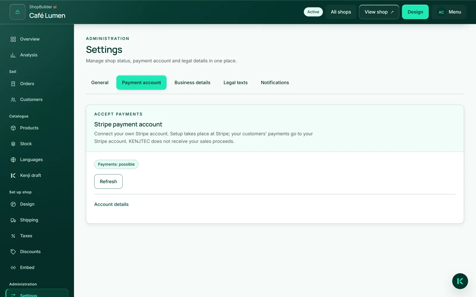 “Settings” → “Payment account” in Café Lumen with the heading “Stripe payment account”, the sentence saying payments go to your own Stripe account, and the label “Payments: possible”.