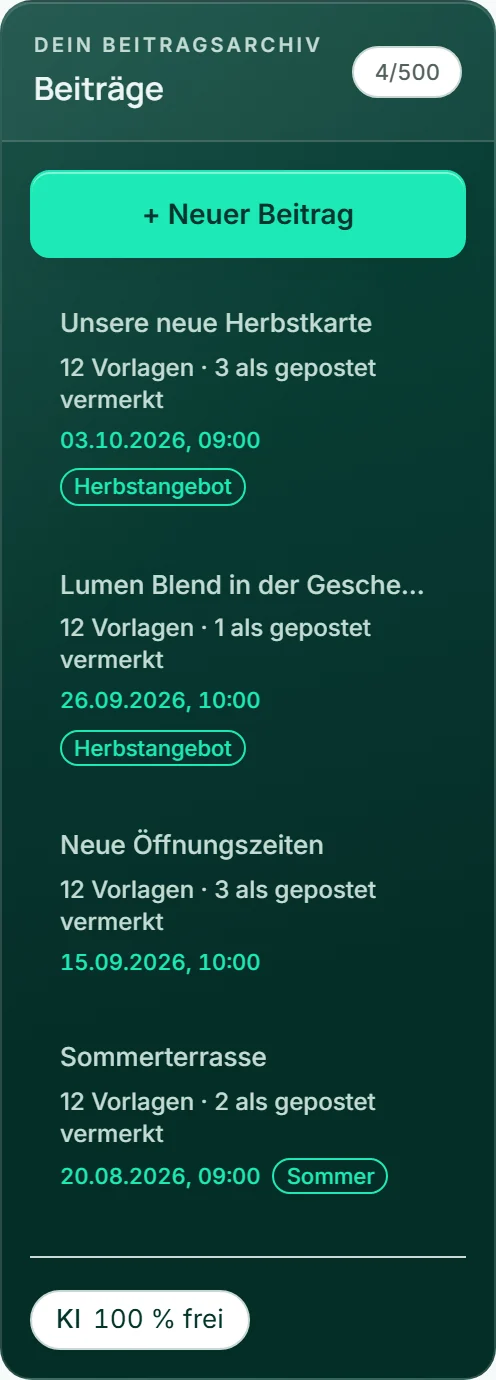 Die Beitragsliste von Café Lumen: oben „Unsere neue Herbstkarte“ mit „12 Vorlagen · 3 als gepostet vermerkt“, darunter drei ältere Beiträge.