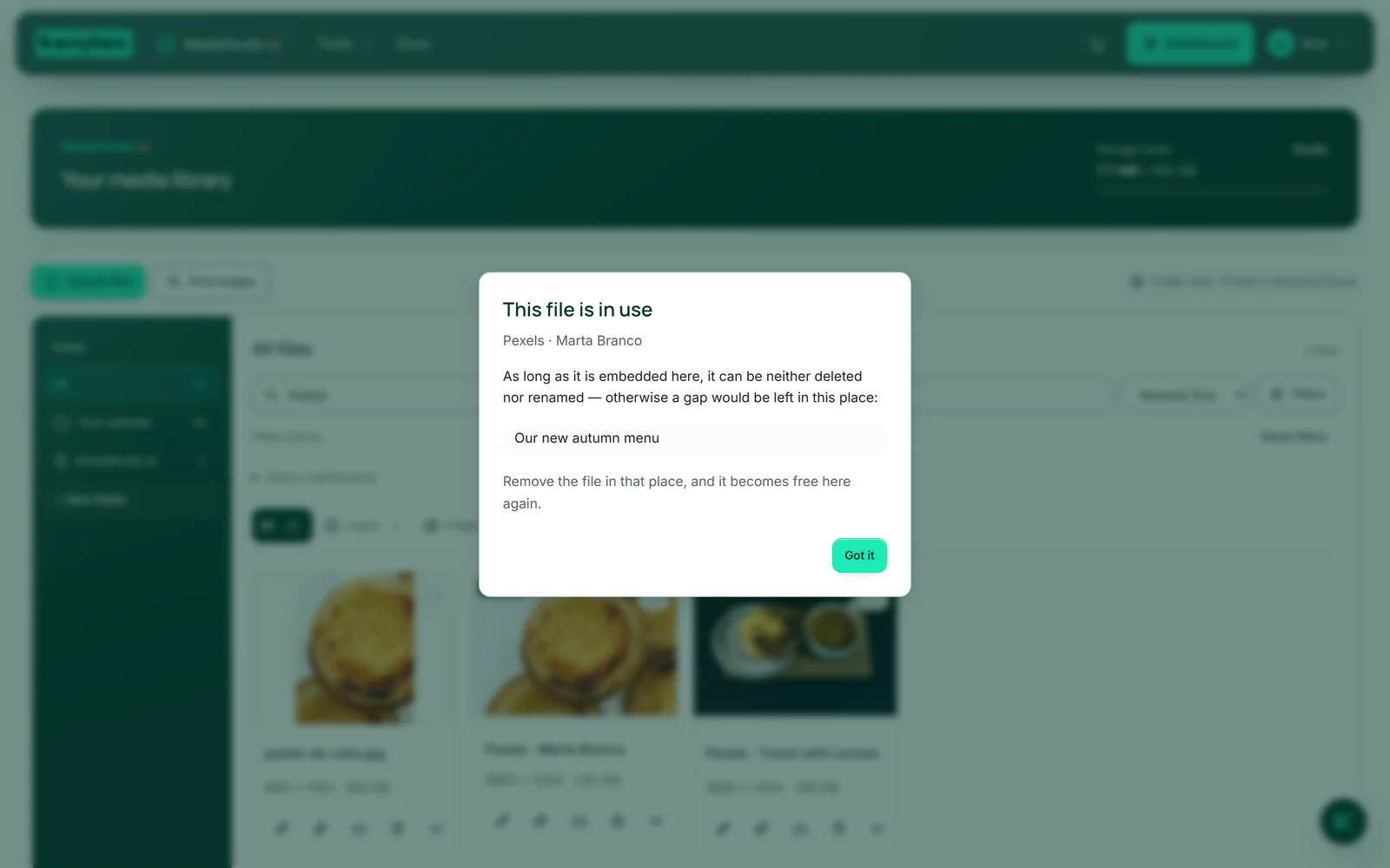 In MediaStudio, Ana has clicked “In use” on the photo of the pastel de nata: the dialog “This file is in use” names the post “Our new autumn menu”.