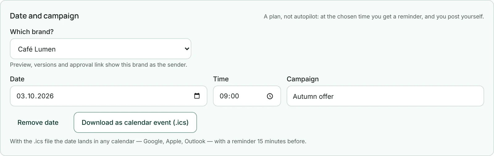 The “Date and campaign” box in an account with two brands: inside it the “Which brand?” list, with Café Lumen selected.