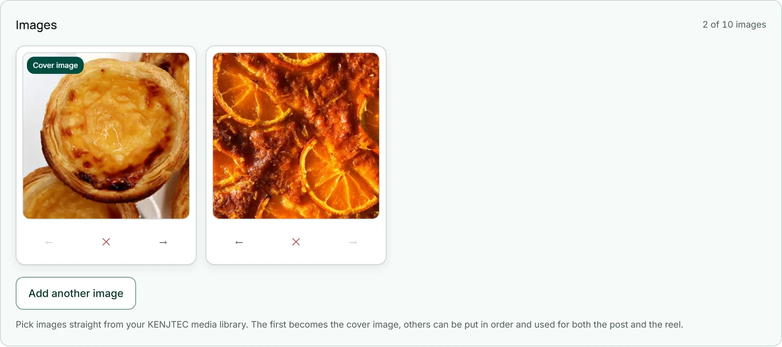 The images of the post “Our new autumn menu”: at the front the photo of the pastel de nata labelled “Cover image”, under every image the buttons ←, ✕ and →.