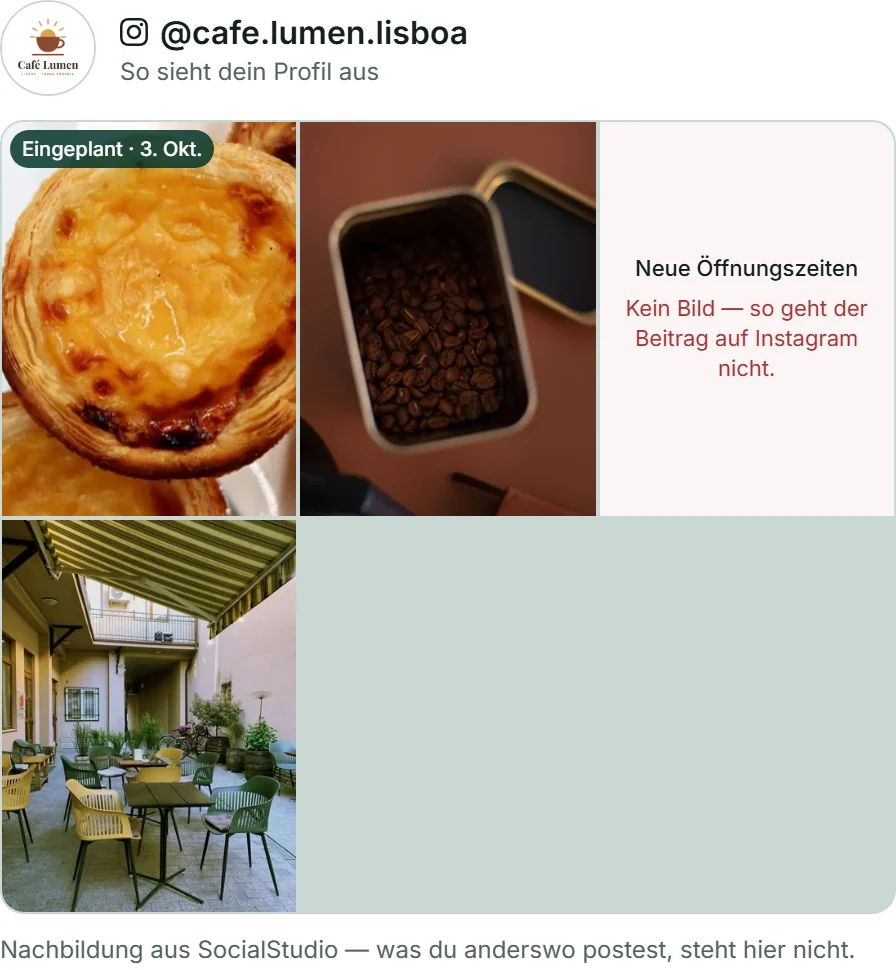 Die Ansicht „Feed“ von Café Lumen: oben Logo und @cafe.lumen.lisboa, darunter drei Spalten Kacheln — vorn die Herbstkarte mit „Eingeplant“ und ihrem Datum, daneben schon gepostete Beiträge und eine Kachel „Kein Bild“.