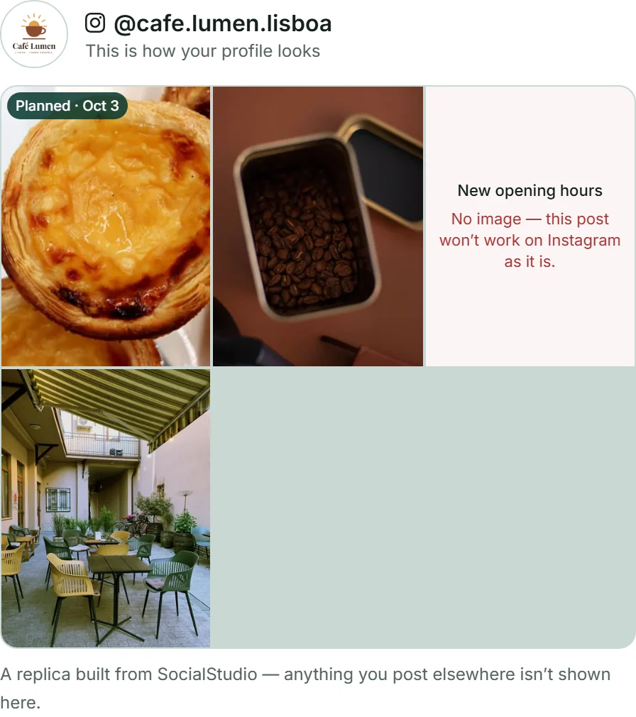 عرض «‏الخلاصة» لـ Café Lumen: في الأعلى الشعار و@cafe.lumen.lisboa، وتحته ثلاثة أعمدة من المربعات — في المقدمة قائمة الخريف مع «‏مخطط له» وتاريخها، وبجانبها منشورات نُشرت بالفعل ومربع «لا توجد صورة».