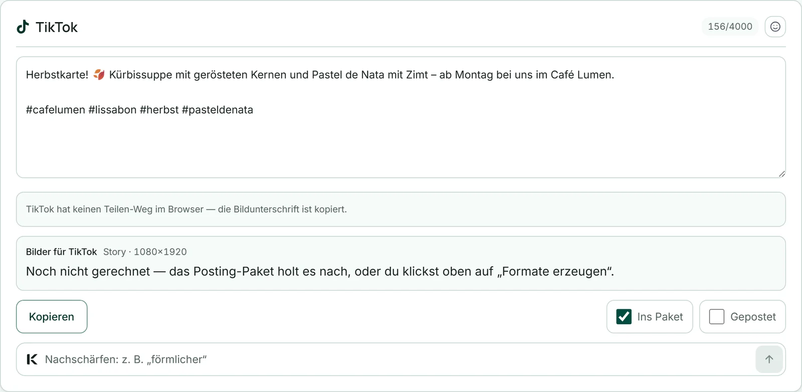 Die TikTok-Fassung der Herbstkarte in „Deine Vorlagen“: der Zähler oben rechts mit der Grenze 4000, darunter der Satz „TikTok hat keinen Teilen-Weg im Browser — die Bildunterschrift ist kopiert.“ und der Knopf „Kopieren“.