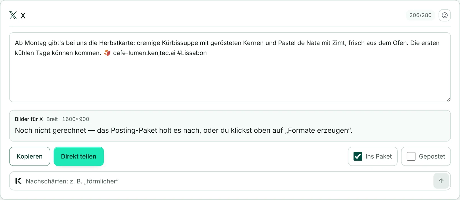 Die Fassung für X im Beitrag „Unsere neue Herbstkarte“ mit dem Zähler „206/280“ oben rechts neben dem Knopf „Emoji einfügen“.