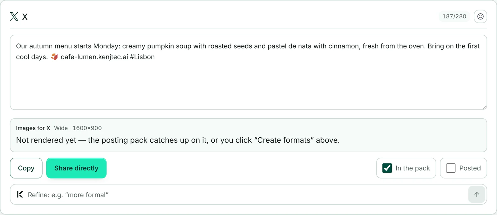 La versione per X nel post “Il nostro nuovo menu d'autunno” con il contatore “206/280” in alto a destra, accanto al pulsante “Inserisci emoji”.