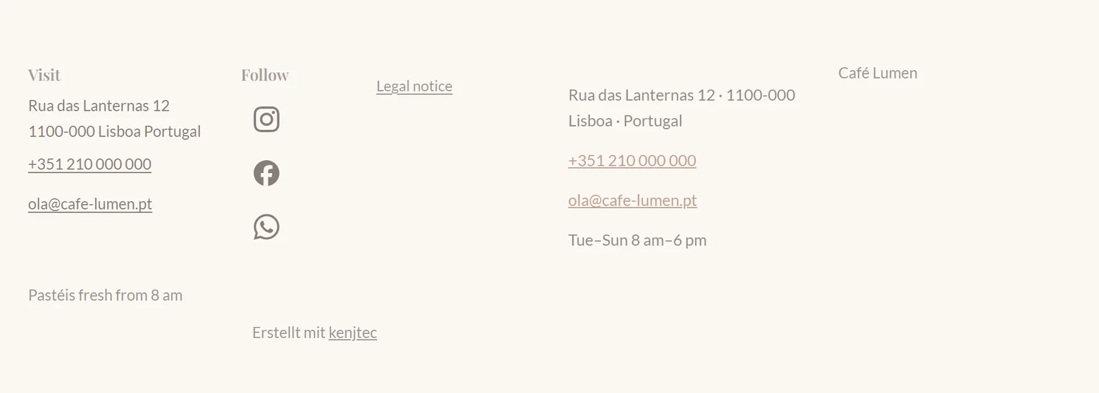 The footer of Café Lumen’s website with the single-colour icons of Instagram, Facebook and WhatsApp.